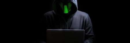 Hacker without face in a hood holds a laptop. on a dark background. Banner for cyber security. Internet web hack technology. Digital laptop in hacker man hand isolated on black. Generate AI.の素材
