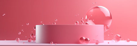 Podium or platform for product presentation against pink walls with soap bubbles around. Abstract background on pink background. template product stand. 3d rendering. Generate AI.の素材