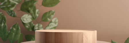 wooden podium with leaves. Round stage for product presentation with green leaves. Cosmetics product advertising stand. Generate AI.の素材