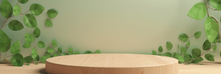 wooden podium with leaves. Round stage for product presentation with green leaves. Cosmetics product advertising stand. Generate AI.の素材