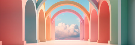 Beautiful abstract colorful corridor with color arch on a sky and cloud background. 3D render composition. Generate AI.の素材