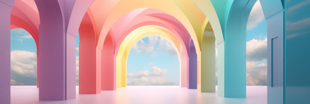 Beautiful abstract colorful corridor with color arch on a sky and cloud background. 3D render composition. Generate AI.の素材