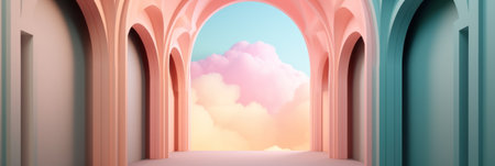 Beautiful abstract colorful corridor with color arch on a sky and cloud background. 3D render composition. Generate AI.の素材