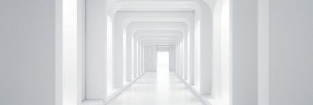 Abstract Futuristic empty floor and room Sci-Fi Corridor. Long corridor with concrete floor and transparent walls in modern space 3D Render. generate AI.の素材