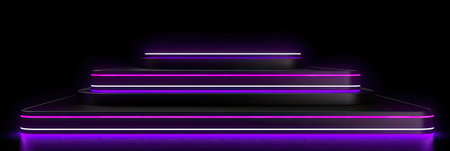 A neon podium on a black background. Podium for promotion brand. Empty stage for product presentation or fashion show performance, pedestal in nightclub dance floor glowing in darkness.Generate AIの素材