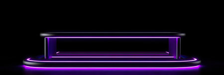 A neon podium on a black background. Podium for promotion brand. Empty stage for product presentation or fashion show performance, pedestal in nightclub dance floor glowing in darkness. Generate AIの素材