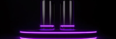 A neon podium on a black background. Podium for promotion brand. Empty stage for product presentation or fashion show performance, pedestal in nightclub dance floor glowing in darkness. Generate AIの素材
