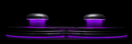A neon podium on a black background. Podium for promotion brand. Empty stage for product presentation or fashion show performance, pedestal in nightclub dance floor glowing in darkness.Generate AIの素材