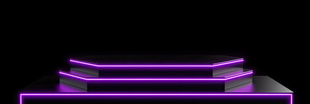 A neon podium on a black background. Podium for promotion brand. Empty stage for product presentation or fashion show performance, pedestal in nightclub dance floor glowing in darkness.Generate AIの素材