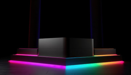 3D dark full podium with neon rainbow light on a black background. Empty stage for product presentation or fashion show performance, pedestal in nightclub dance floor Generate AI.の素材