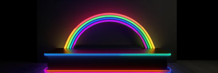 3D dark full podium with neon rainbow light on a black background. Empty stage for product presentation or fashion show performance, pedestal in nightclub dance floor Generate AI.の素材