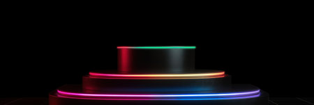 3D dark full podium with neon rainbow light on a black background. Empty stage for product presentation or fashion show performance, pedestal in nightclub dance floor Generate AI.の素材