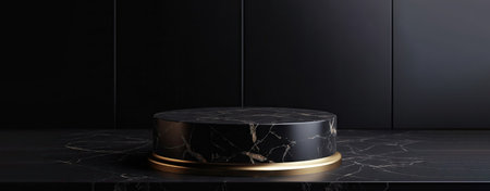 Black marble podiums with gold frames on a black background. Luxury marble geometric pedestal for the presentation of the product. 3d render compositionの素材