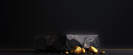 Black marble podiums with gold frames on a black background. Luxury marble geometric pedestal for the presentation of the product. 3d render compositionの素材