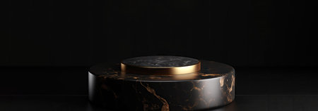 Black marble podiums with gold frames on a black background. Luxury marble geometric pedestal for the presentation of the product. 3d render compositionの素材