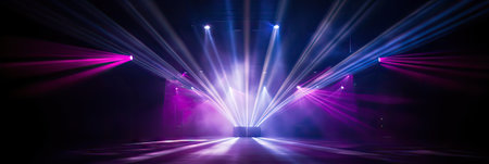 Scene, stage light with colored spotlights abstract bright projectors. Floodlight disco for display or montage your productsの素材