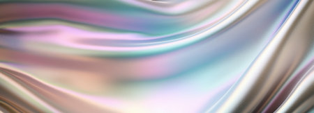 Silk shiny white fabric texture banner in pastel iridescent holographic colors. Abstract texture horizontal copy space background. 3d renderingの素材