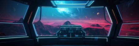 Dark spaceship interior with glowing blue and red lights. Futuristic spacecraft with large window view on planets in space and control panels. 3D renderingの素材