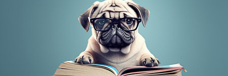 Funny dog in glasses. concept banner on the theme of education. Cute pug on blue backgroundの素材