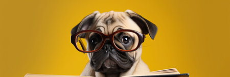 Funny dog in glasses. concept banner on the theme of education. Cute pug on yellow backgroundの素材