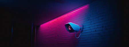 Modern CCTV camera on a wall. A neon light night cityscape background. Concept of surveillance and monitoring. Toned image double exposure mockupの素材