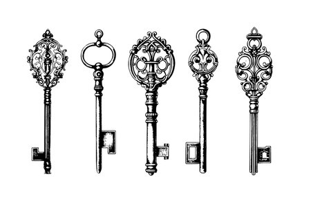 Victorian key collection vintage illustration. Medieval Gothic locks set. Vector keys in engraving style for decoration designのイラスト素材