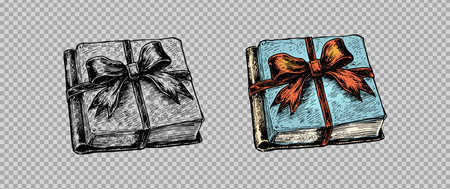 Sketch engraving gift of book set. hand drawn vector illustration. color and black and white imageのイラスト素材