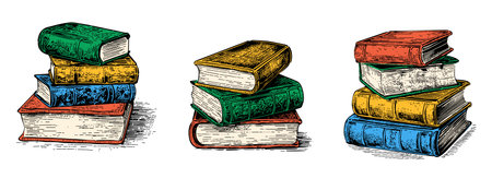 Sketch engraving stack of books set. Hand drawn vector illustration pack.Color imageのイラスト素材