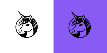 Black silhouette of graceful unicorn framed. Fairy tale symbol. Vector flat icon on white and purple background. magic logoのイラスト素材