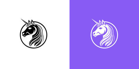 Black and white silhouette of graceful unicorn framed. Fairy tale symbol. Vector flat icon on white and purple background. magic logo.のイラスト素材