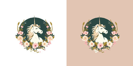Unicorn in circle frame with flower vector logo template for business and startup company. Beautiful logotype for your productのイラスト素材