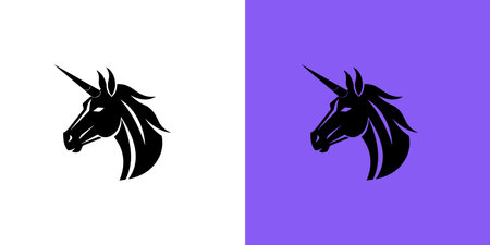 Black silhouette of graceful unicorn logotype. Fairy tale symbol. Vector flat icon on white and purple background. magic logoのイラスト素材