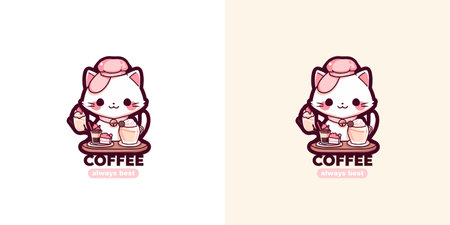 Coffee cafe vector logo design template with cute cat and slogan always best. Vector coffee shop labelsのイラスト素材