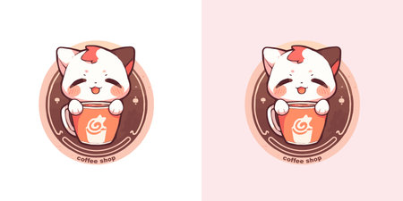 Coffee shop logo design with cute cat and flowers template. Original coffee emblem. vector artのイラスト素材