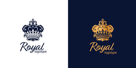Crown Luxury Concept Logo Design Template on blue and white background. Logotype vector signのイラスト素材