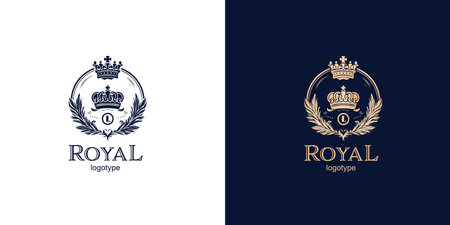 Crown Luxury Concept Logo Design Template on blue and white background. Logotype vector signのイラスト素材