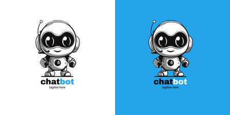 Robot chatbot head icon sign design vector illustration on white and blue background. Cute AI bot helper mascot character concept symbol business assistantのイラスト素材