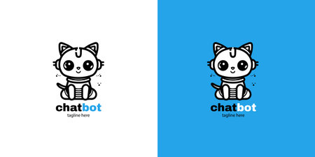 Robot cat chatbot head icon sign design vector illustration on white and blue background. Cute AI bot helper mascot character concept symbol business assistantのイラスト素材
