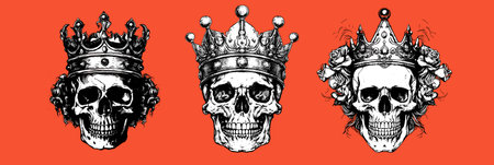 Hand drawn set portrait of a skull with a crown. Vector pack rock illustration for your fashion designのイラスト素材