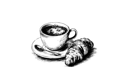A cup of cappucino and croissant on a saucer with a spoon. Hand drawn vector engraving style illustrationsのイラスト素材