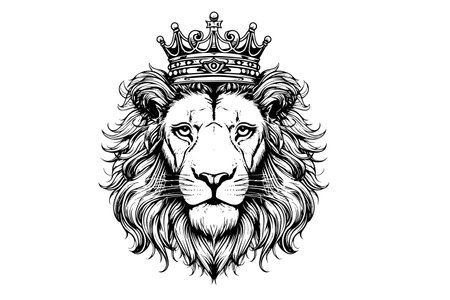 The lion head in crown hand draw vintage engraving black and white vector illustration on a white backgroundのイラスト素材