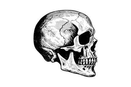 Human skull in woodcut style. Vector engraving sketch illustrationのイラスト素材