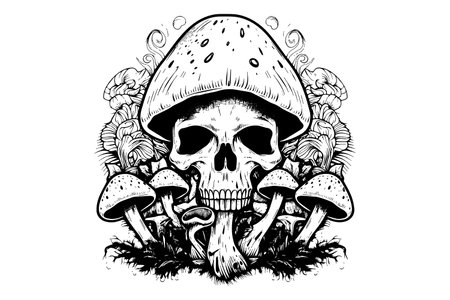 Human skull with mushrooms in woodcut style. Vector engraving sketch illustration for tattoo and print designのイラスト素材