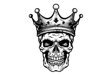Human skull in a crown in woodcut style. Vector engraving sketch illustration for tattoo and print designのイラスト素材