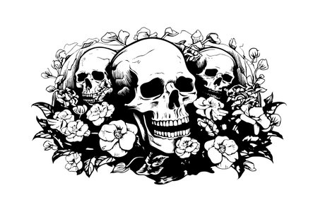 Human skull in a flower frame woodcut style. Vector engraving sketch illustration for tattoo and print designのイラスト素材