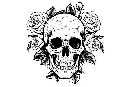 Human skull in a flower frame woodcut style. Vector engraving sketch illustration for tattoo and print designのイラスト素材