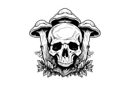 Human skull with mushrooms in woodcut style. Vector engraving sketch illustration for tattoo and print designのイラスト素材