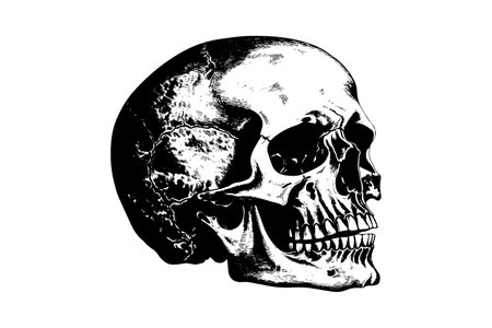 Human skull in woodcut style. Vector engraving sketch illustrationのイラスト素材