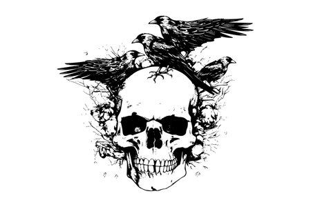 Human skull with birds in woodcut style. Vector engraving sketch illustration for tattoo and print designのイラスト素材