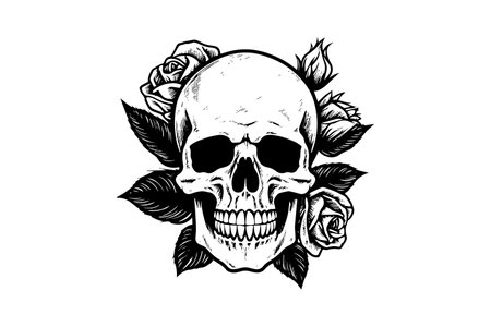 Human skull in a flower frame woodcut style. Vector engraving sketch illustration for tattoo and print designのイラスト素材